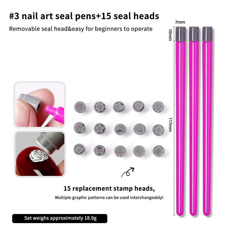 Nail Art Stamp Pen Set | 3 Pens & 15 Silicone Heads Nail Art Stamp Set QXL