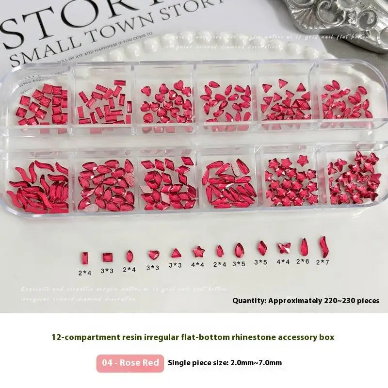 12-Grid Nail Rhinestones | Flat-Bottom Diamond Gems 50pc Set Nail Art Rhinestones QXL Rose red