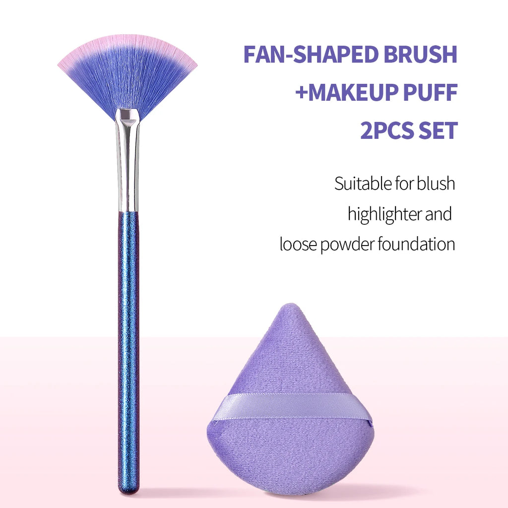 KOSSHOW Fan Highlight Brush & Makeup Puff 2-Piece Set Makeup Brush Set QXL Blue