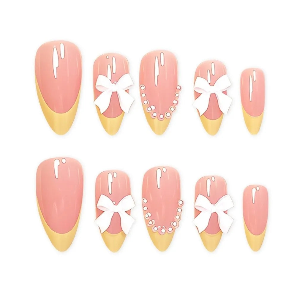 Almond Press-On Nails Bow Charms | Glossy Y2K Full Cover Set Press-On False Nails QXL