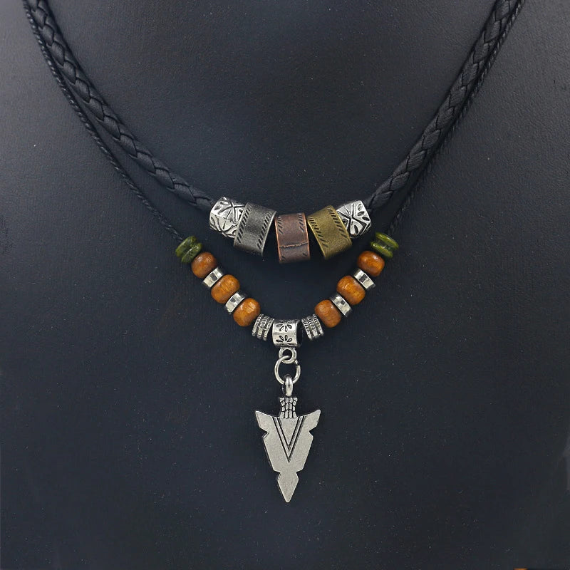 Men's Vintage Layered Arrow Pendant Necklace | Leather & Bead Layered Pendant Necklace QXL
