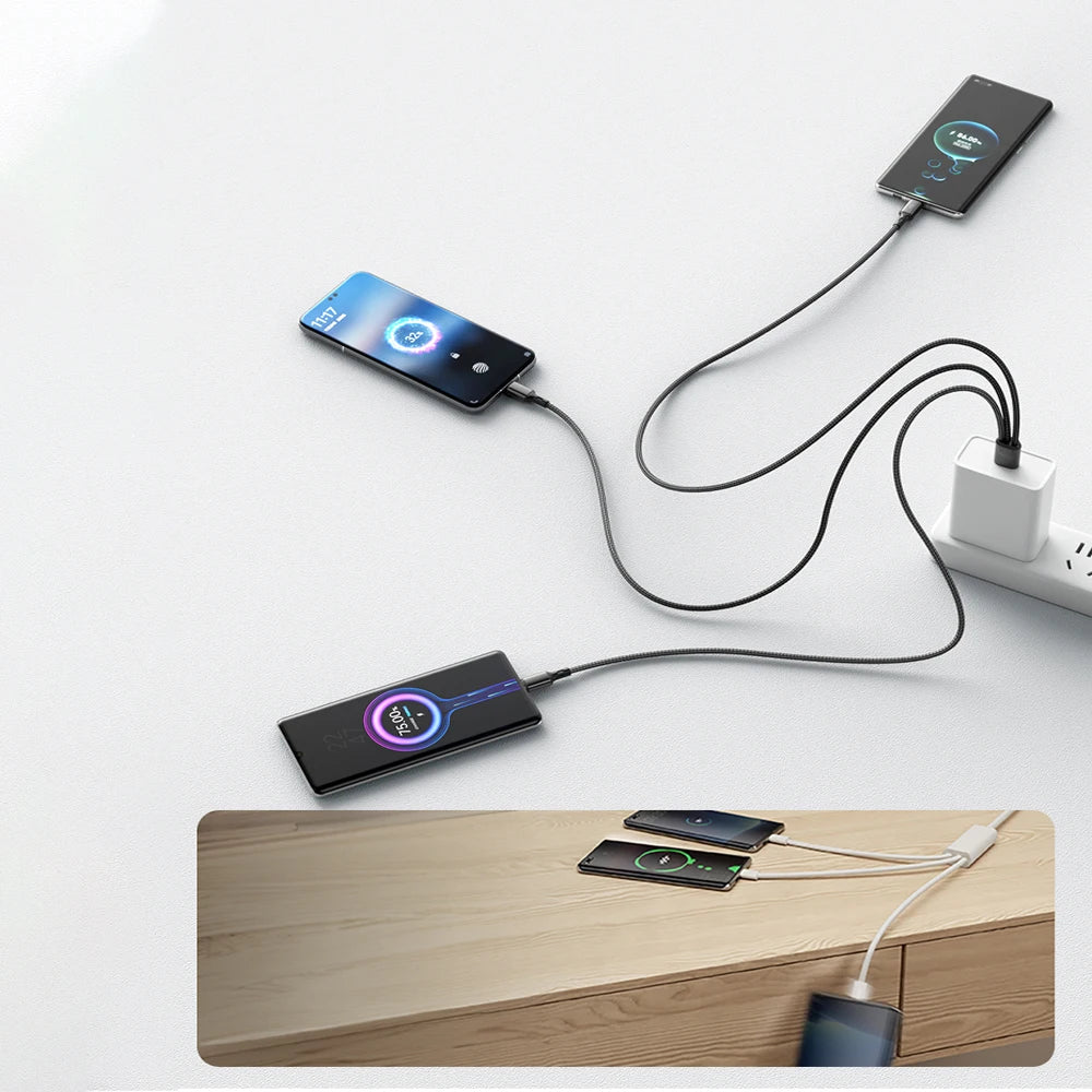 3-in-1 USB-A to USB-C Cable 100W 6A Fast Charging & Data Sync USB-C Charging Cable QXL