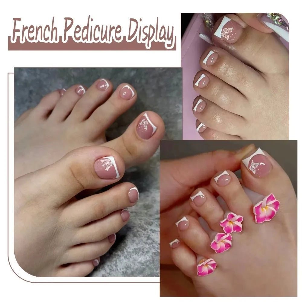 120-Pc Nude Pink Butterfly Press-On Toe Nails | Short Square Press-On Toe Nails QXL
