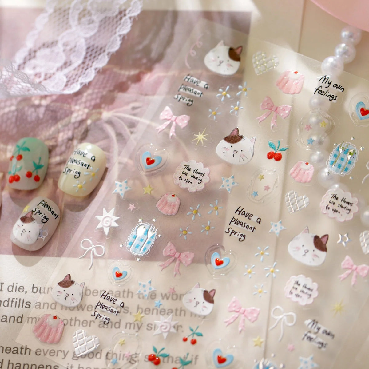 5D Kawaii Cat & Cherry Embossed Nail Stickers | Self-Adhesive Nail Art Stickers QXL