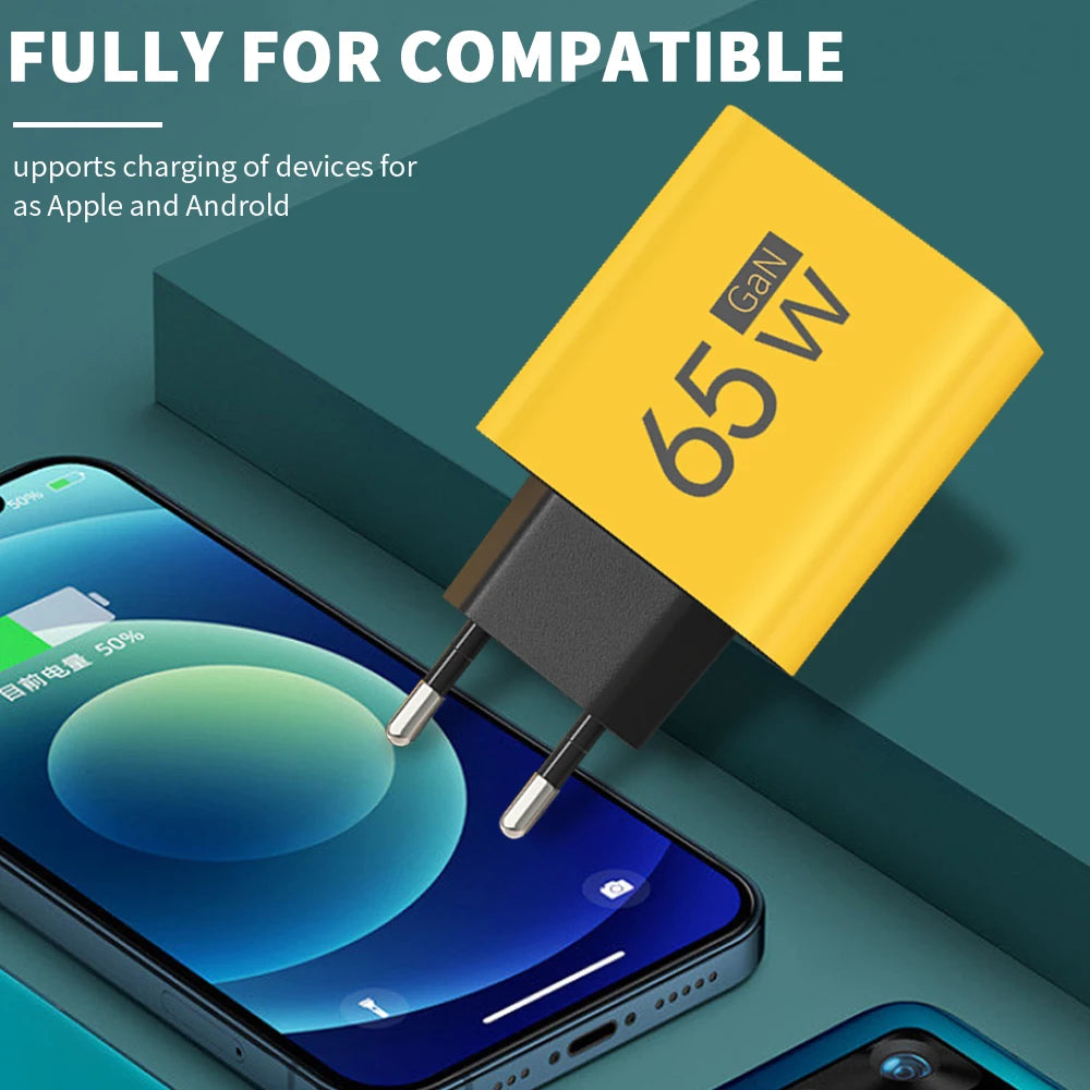 65W GaN USB-C Fast Charger | 3-Port PD Power Adapter USB-C GaN Charger QXL