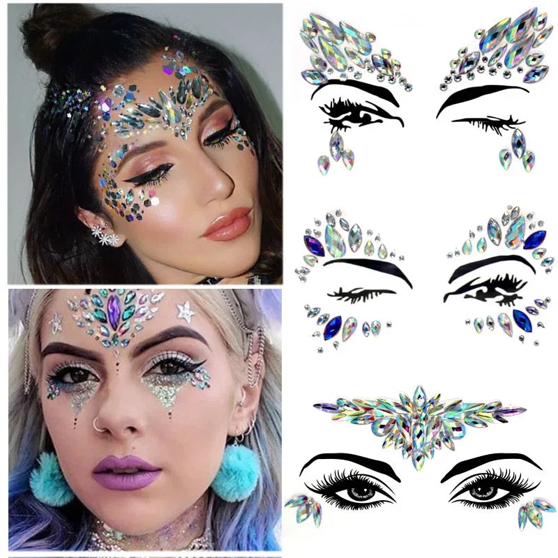 3D Face Jewels Rhinestone Temporary Tattoo Stickers | Party Gems Face Gem Stickers QXL