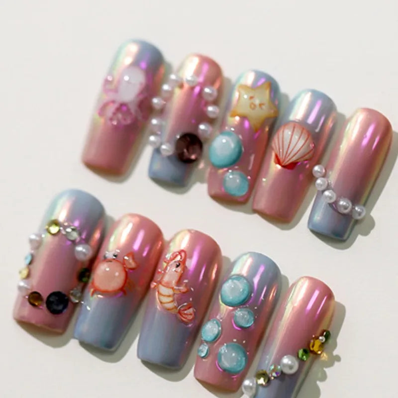 5D Embossed Ocean Nail Stickers | Kawaii Sea Shell Manicure Decals Nail Art Stickers QXL
