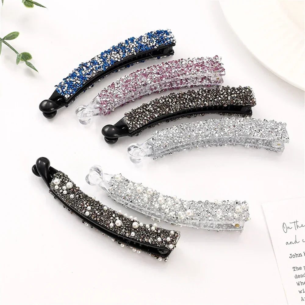 Crystal Pearl Rhinestone Banana Hair Clip | Claw Grip Barrette Hair Claw Clip QXL