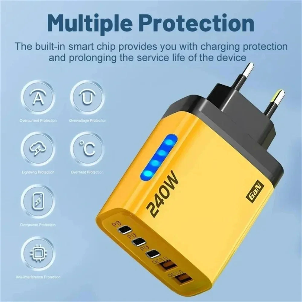 5-Port 240W GaN USB-C PD Fast Charger | QC 3.0 Wall Adapter USB-C Wall Charger QXL