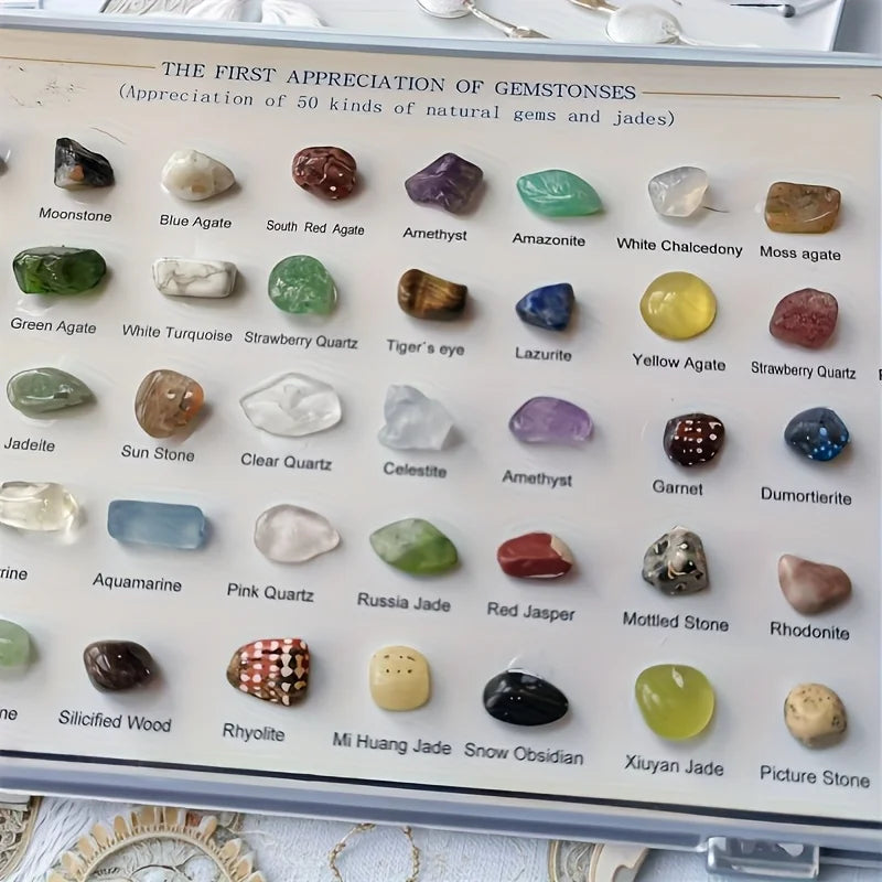 50-Piece Mineral Specimen Box | Crystal Gemstone Collection Set Mineral Specimen Set QXL