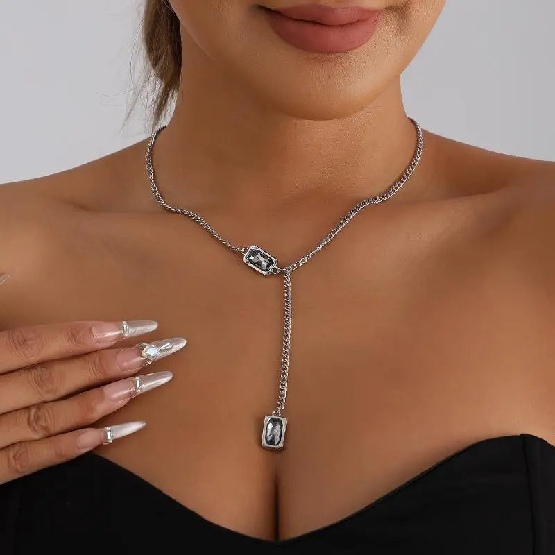 Vintage Black Square Rhinestone Y-Shape Pendant Necklace Pendant Necklace QXL