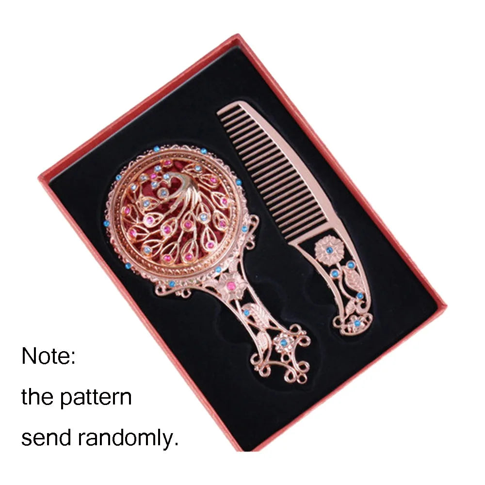 Vintage Compact Mirror & Comb Set | Retro Floral Alloy Design Compact Vanity Mirror QXL Rose gold