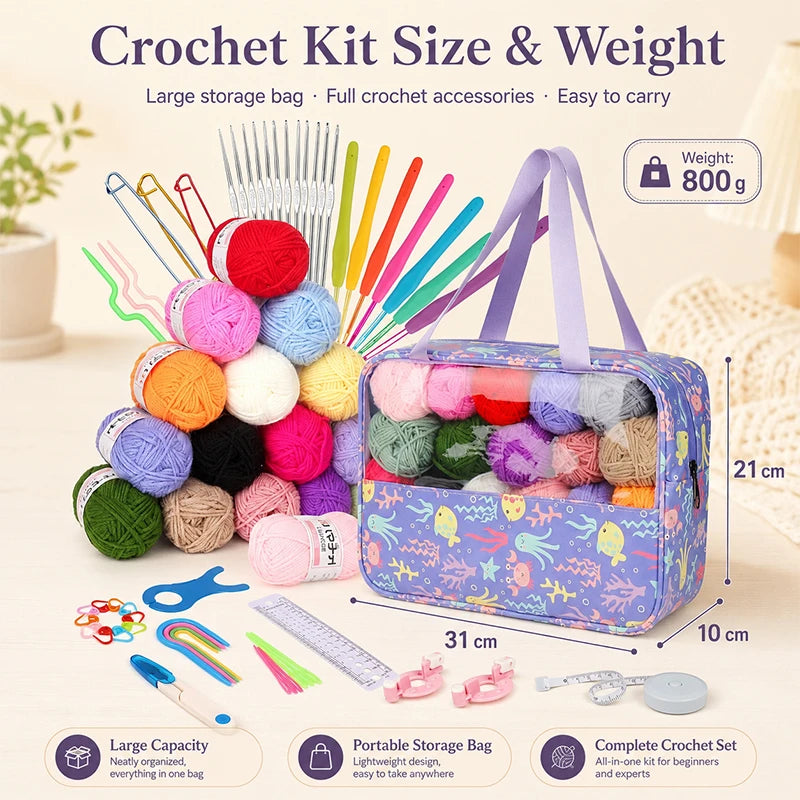 70-Piece Beginner Crochet Starter Kit – Hooks, Yarn & Bag Crochet Starter Kit QXL