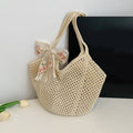Women's Crochet Tote Bag | Lace Bow Woven Beach Shoulder Bag Crochet Shoulder Tote QXL Beige