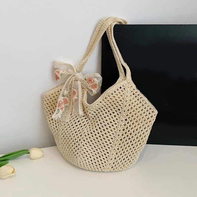 Women's Crochet Tote Bag | Lace Bow Woven Beach Shoulder Bag Crochet Shoulder Tote QXL Beige