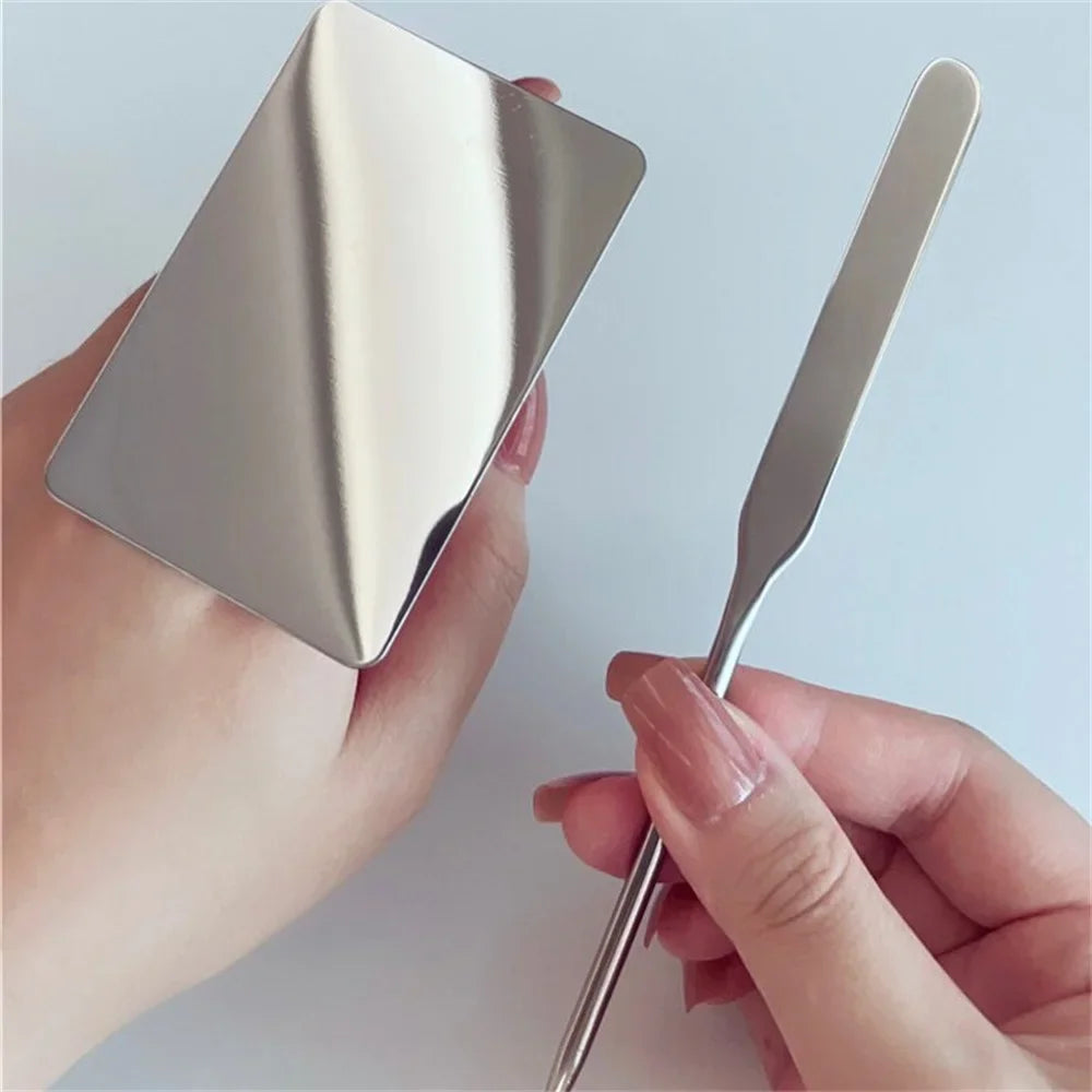 Stainless Steel Makeup Palette Tray & Mixing Spatula Set 2Pc Makeup Mixing Tool QXL