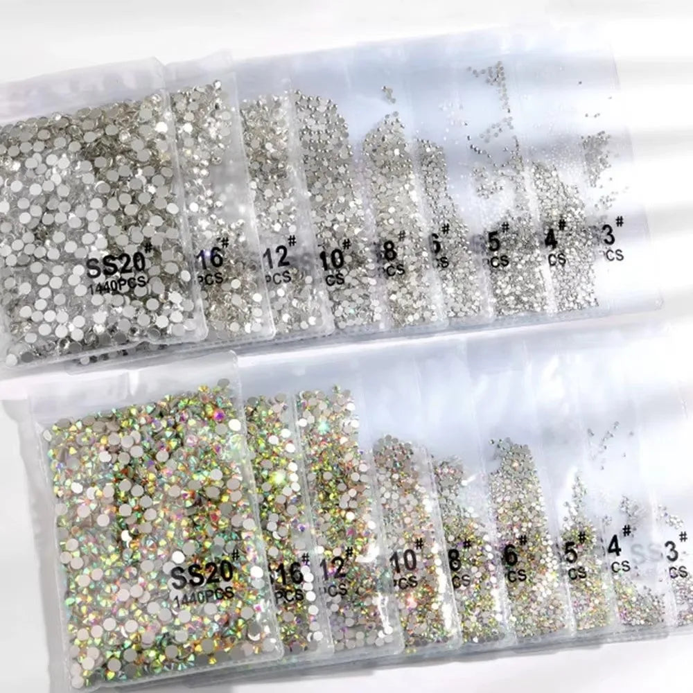 1440-Pc Flat Back Glass Nail Rhinestones AB & Clear SS3–SS16 Nail Rhinestones QXL