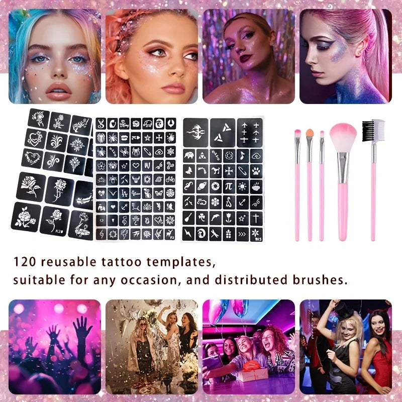 12-Color Temporary Tattoo Glitter Kit | Glue, Brushes & Stencils Body Glitter Kit QXL