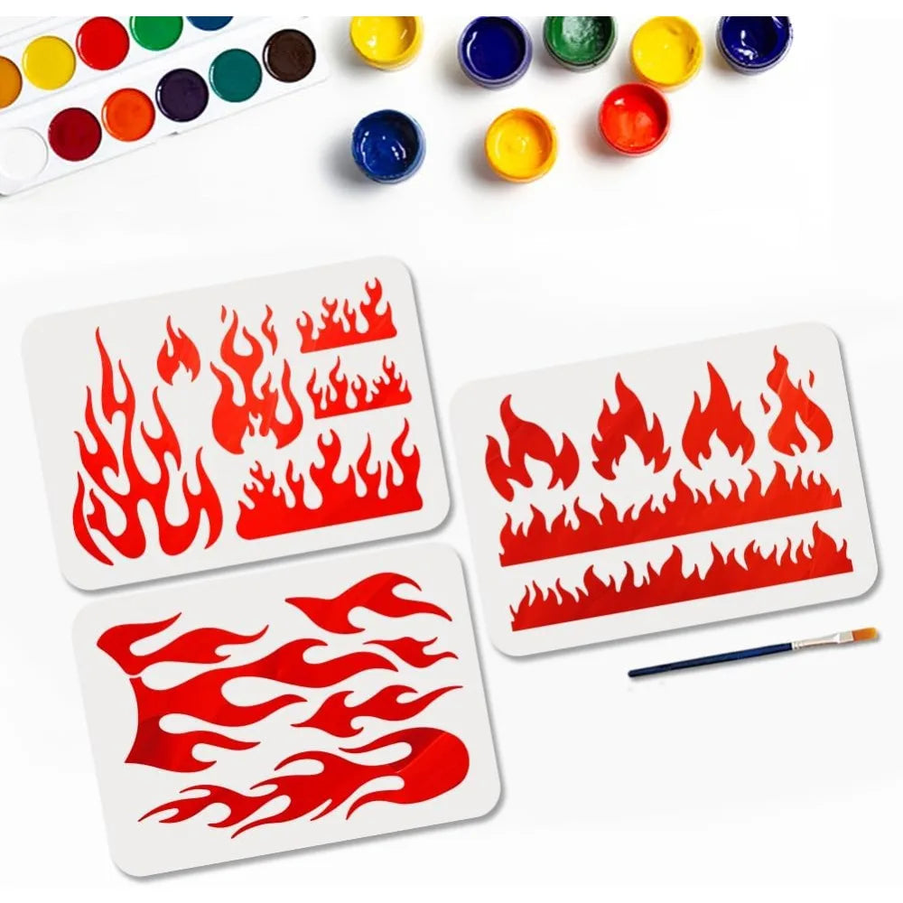 3-Pack Reusable Flame Fire Stencils A4 + Brush | DIY Craft Craft Stencil Set QXL