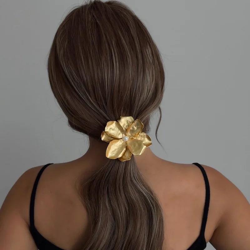 Gold Flower Pearl Hair Elastic | Ponytail Ring Accessory Hair Elastic Ring QXL