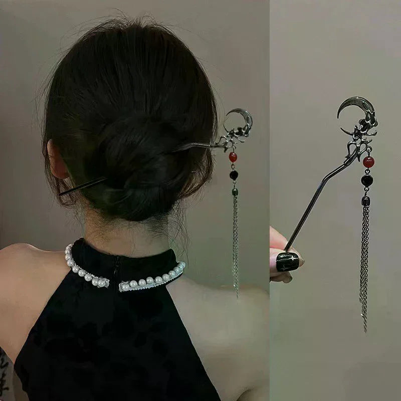 Retro Moon Tassel Hair Stick | Chinese Style Metal Hairpin Tassel Hair Stick QXL