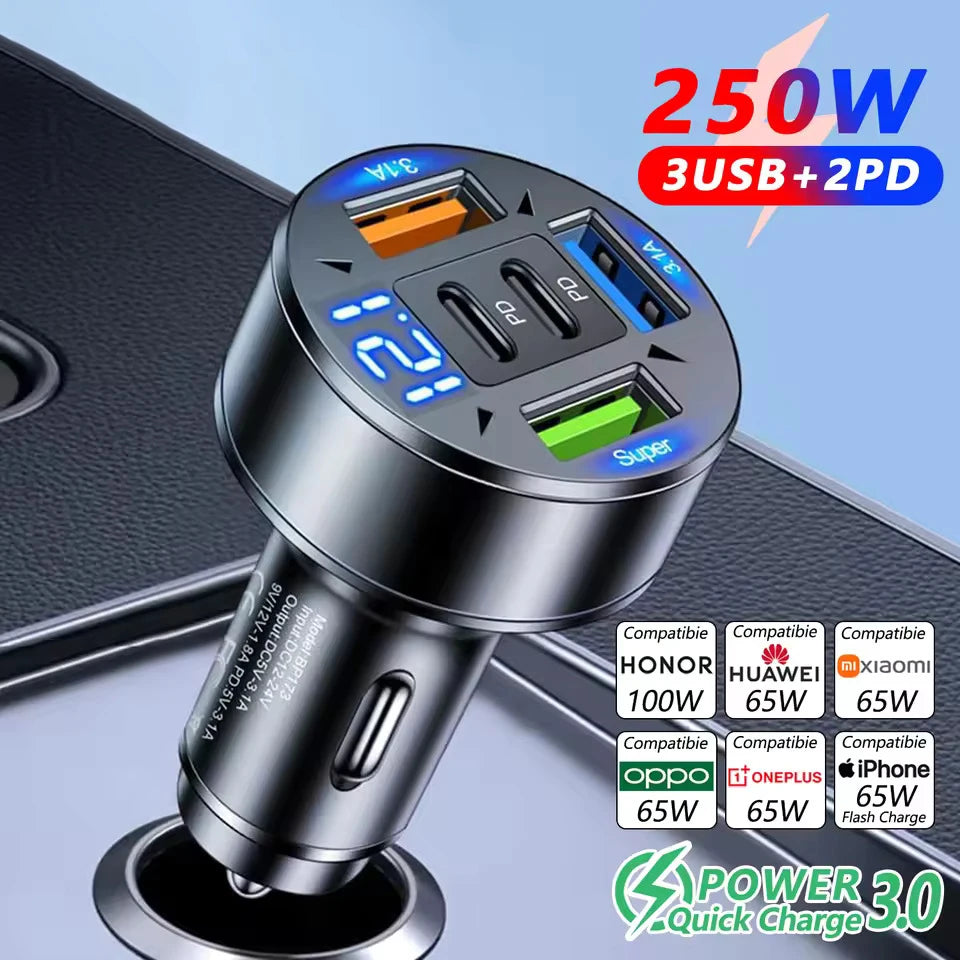 250W 5-Port Car Charger PD QC3.0 USB-C & LED Display Car Charger Adapter QXL