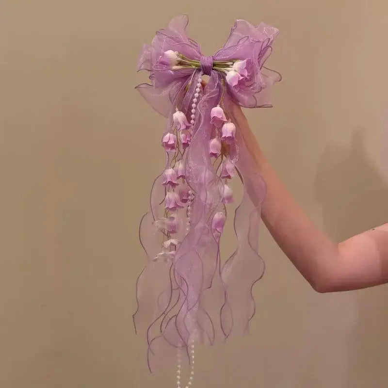 Mesh Bow Flower Tassel Hair Clip | Bridal & Party Gift Bridal Hair Clip QXL