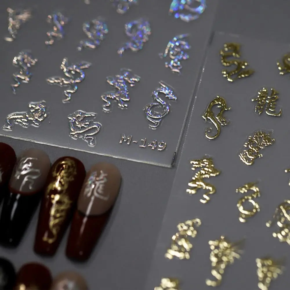 3D Dragon Metallic Nail Stickers | Gold & Silver Mirror Decals Nail Art Stickers QXL