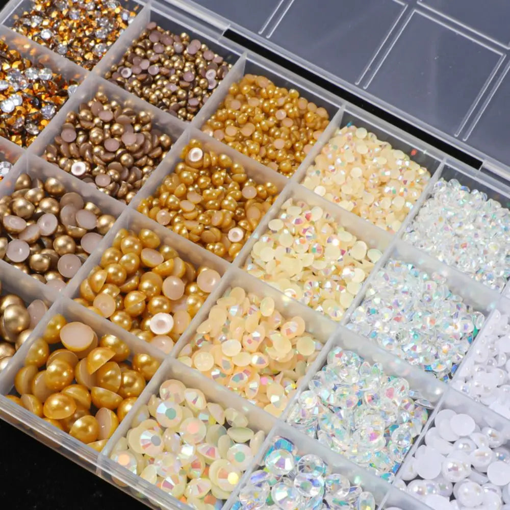 Flatback Pearls & Rhinestones Kit 3–8mm | 24-Grid Mixed Gems Nail Art Rhinestone Kit QXL