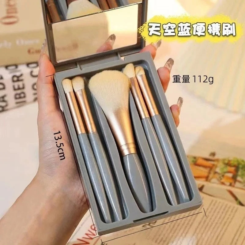 5-Pc Foldable Travel Makeup Brush Set with Mirror Travel Makeup Brush Set QXL blue