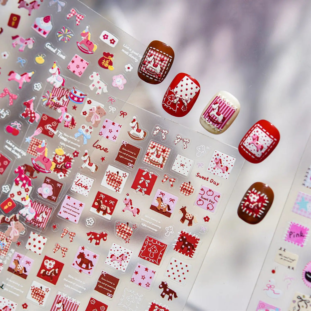 5D Vintage Nail Stickers – Checkered Heart Polka Dot Decals Nail Art Stickers QXL