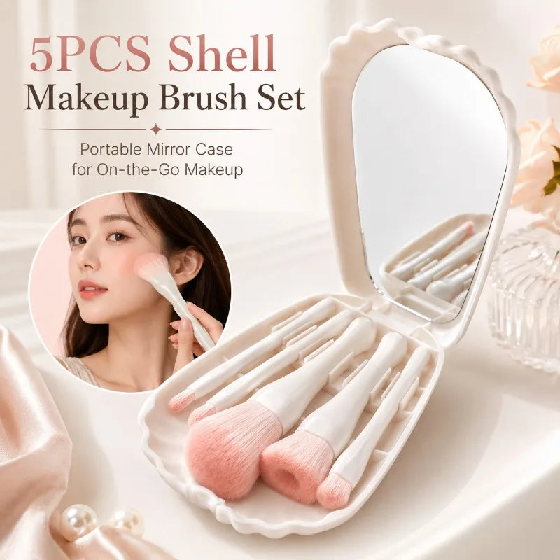 5-Pc Shell Makeup Brush Set with Mirror Case | Travel Makeup Brush Set QXL