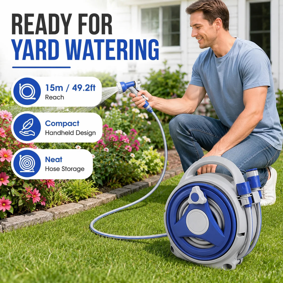 Portable Garden Hose Reel 15m | UV Resistant + Spray Nozzle Garden Hose Reel QXL