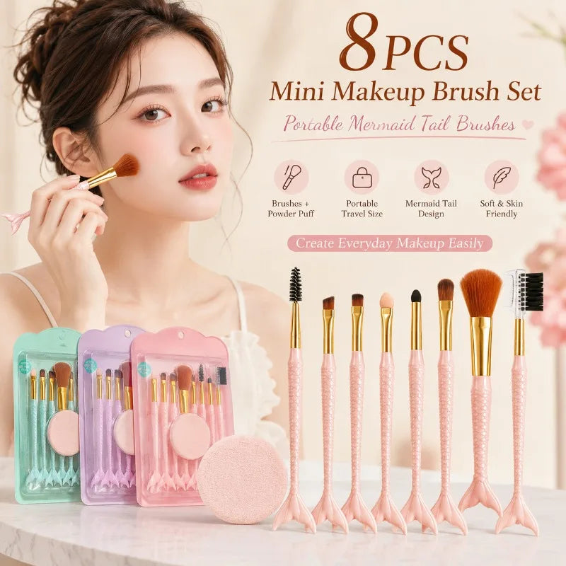 8-Pc Mini Mermaid Tail Makeup Brush Set with Powder Puff Makeup Brush Set QXL