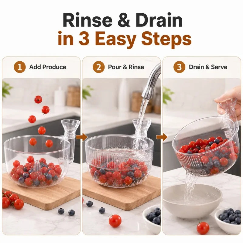 Clear Fruit & Vegetable Wash Bowl | Water-Flow Colander Kitchen Colander Bowl QXL