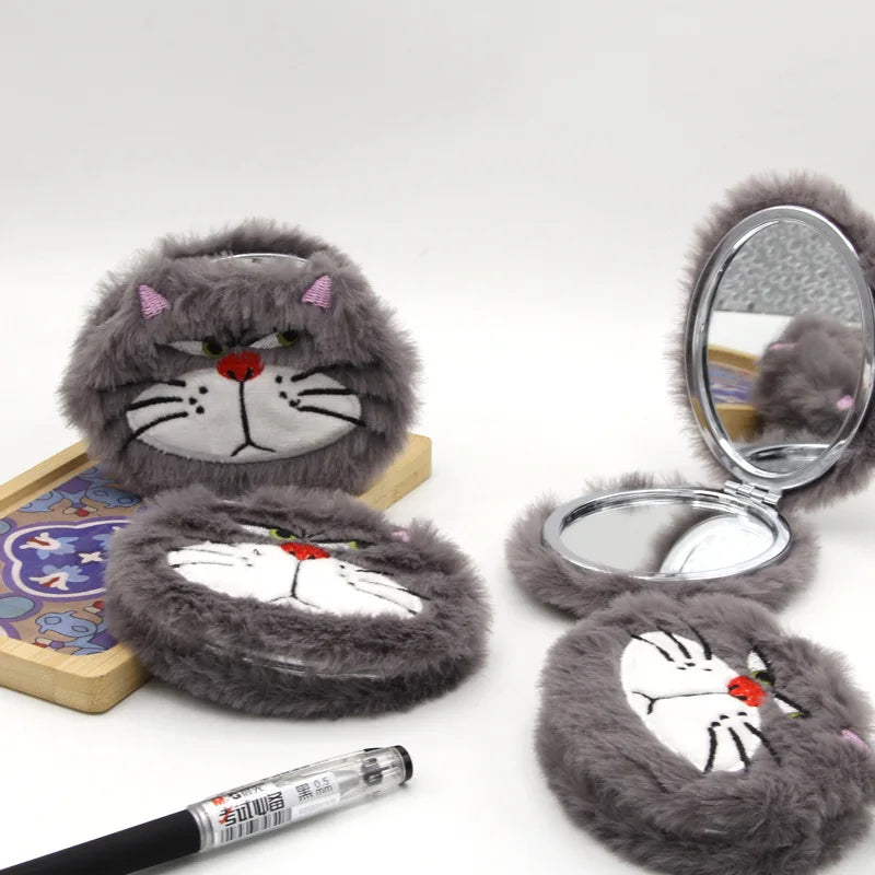 Cartoon Plush Double-Sided Compact Mirror with Magnification Compact Makeup Mirror QXL