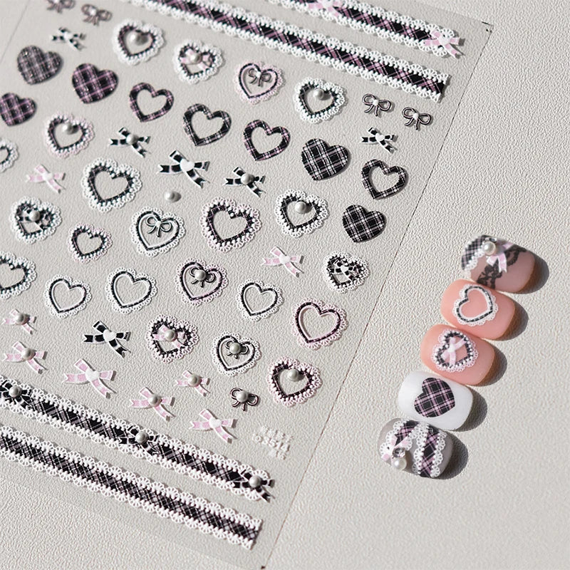 5D Embossed Bow Nail Stickers – Pink Black Macaron Design Nail Art Stickers QXL