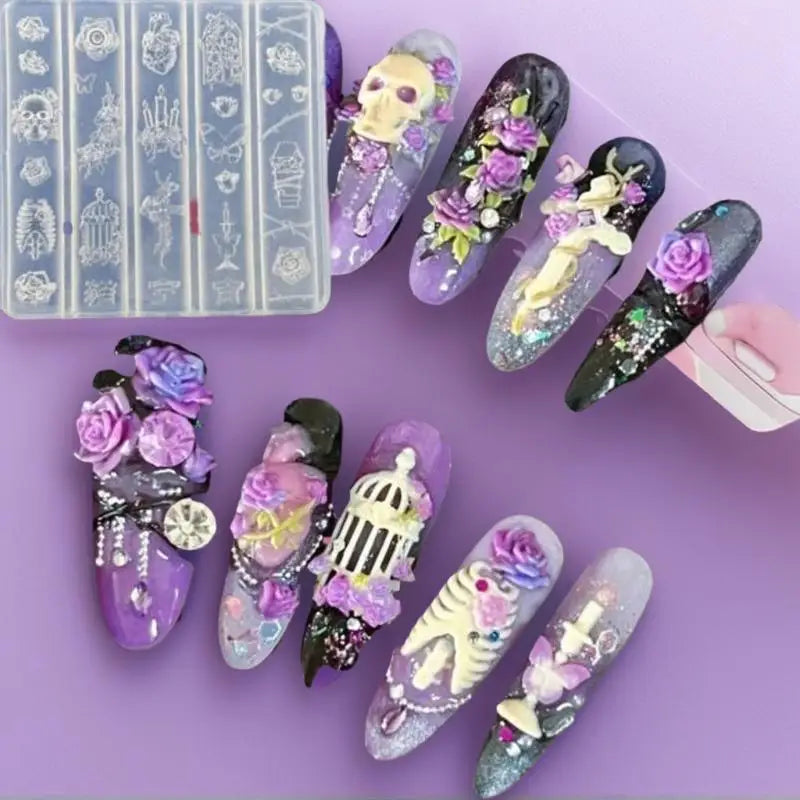 3D Silicone Nail Art Mold | Skull Butterfly Rose Birdcage Nail Art Mold QXL