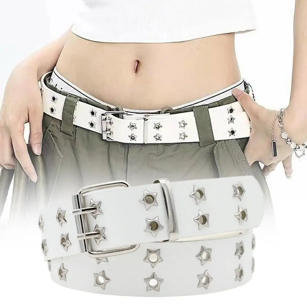 Y2K Punk Rivet PU Belt | Double Row Star Eyelet Waistband Punk Fashion Belt QXL