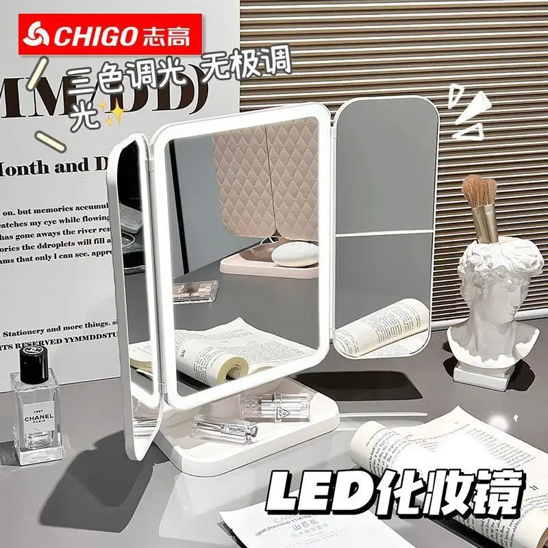 LED Lighted Trifold Folding Makeup Mirror | Double-Door Desktop Lighted Makeup Mirror QXL