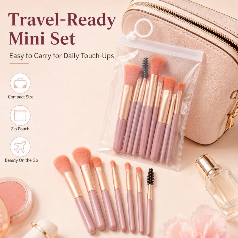 Mini 8-Piece Travel Makeup Brush Set with Zip Pouch Makeup Brush Set QXL