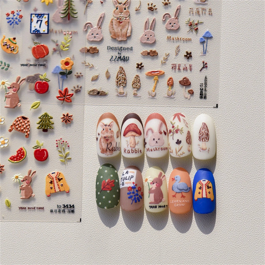 5D Kawaii Nail Stickers – Autumn Picnic Self-Adhesive Decals Nail Art Stickers QXL