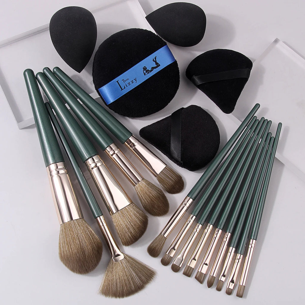 19-Pc Makeup Brush Set with Sponge & Puff | Dark Green Kit Makeup Brush Set QXL