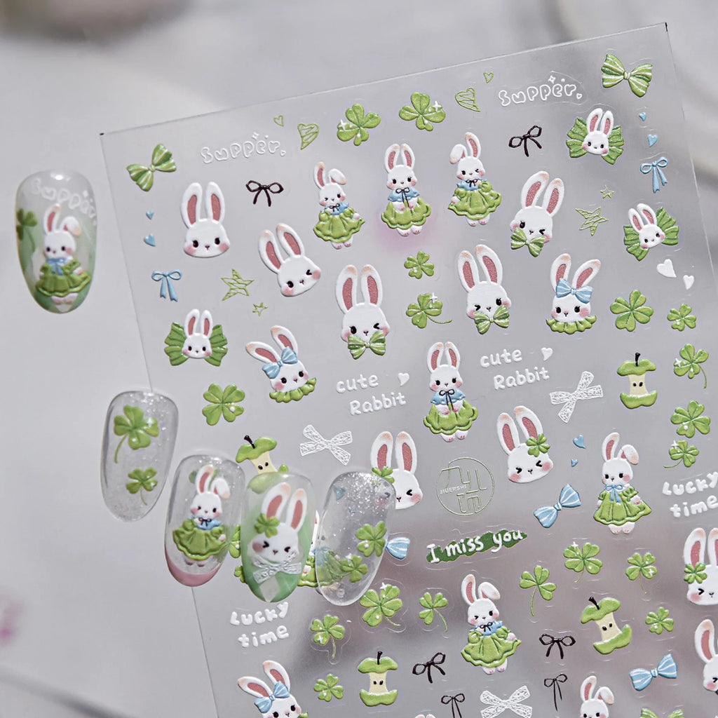 5D Embossed Rabbit Nail Art Stickers | Garden Clover Bow Decals Nail Art Stickers QXL