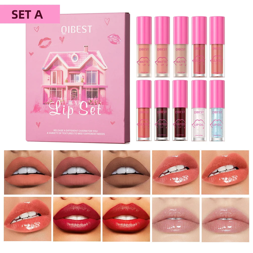QIBEST 10-Pc Lip Set | Matte Gloss, Tint, Lip Oil Combo Lip Makeup Set QXL Set A