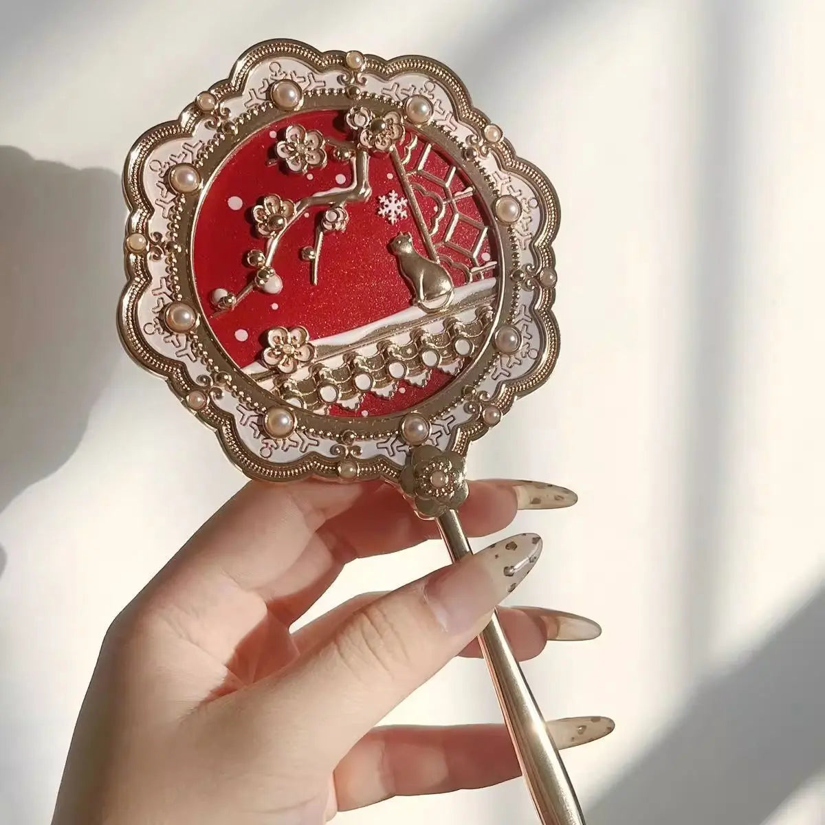 Ancient-Style Handheld Makeup Mirror | Beijing Cultural Gift Handheld Makeup Mirror QXL Long handle