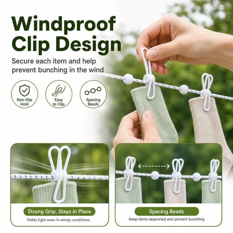 Portable Travel Clothesline – 12 Windproof Clips & Hooks Travel Clothesline QXL