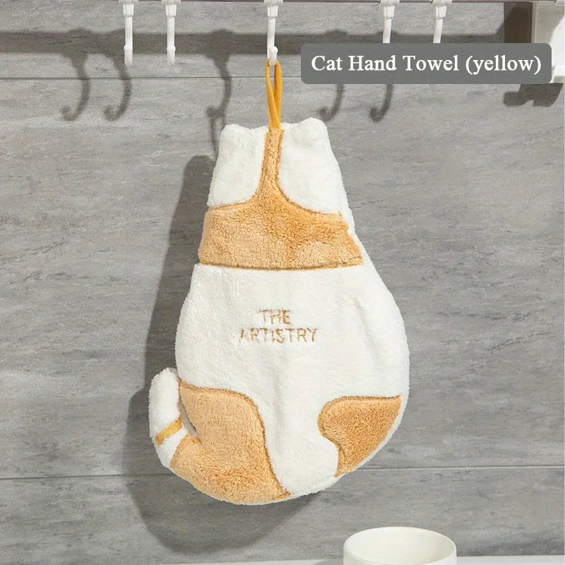 Cat Hanging Hand Towel | Soft Coral Velvet Kitchen & Bath Hanging Hand Towel QXL Yellow Cat