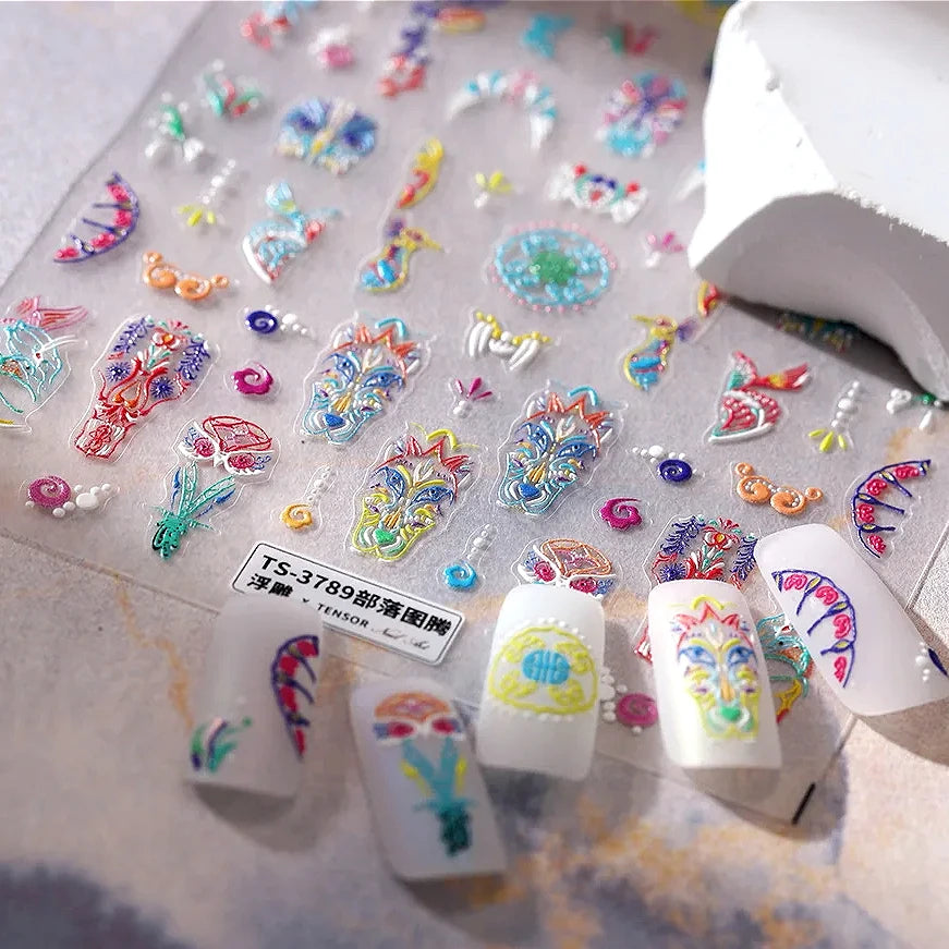 5D Embossed Animal Totem Nail Stickers – Owl Wolf Elk Nail Art Stickers QXL