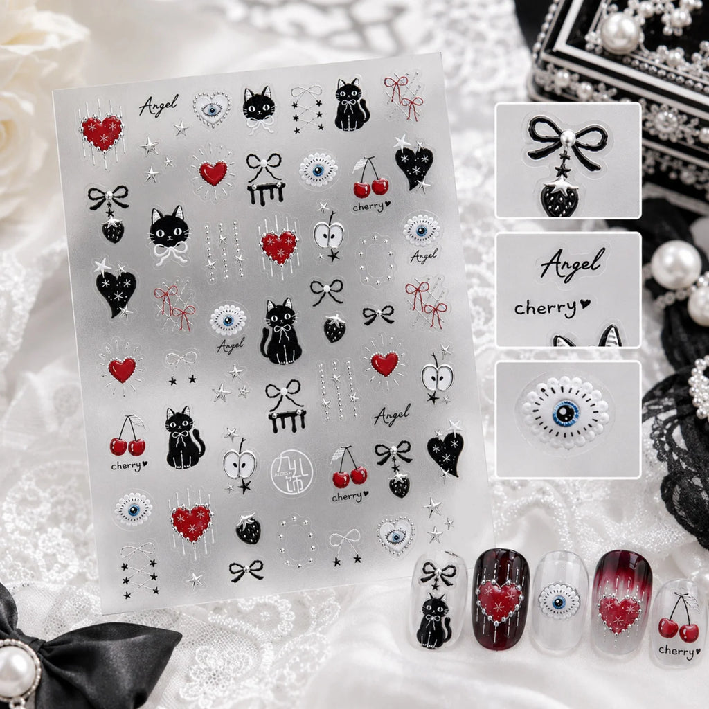 5D Nail Stickers – Black Cat Cherry Cartoon Self-Adhesive Decals Nail Art Stickers QXL